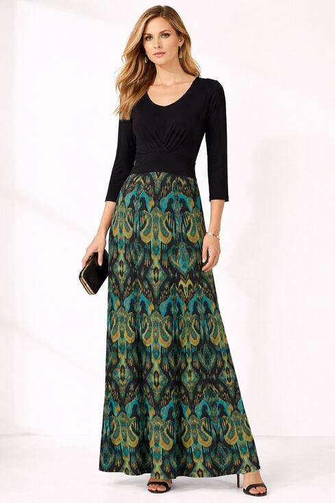 Bob Mackie Dresses & Skirts - Bob Mackie Womens Maxi Dress Size 2X Black Green Jersey Long Sleeve Wearable Art